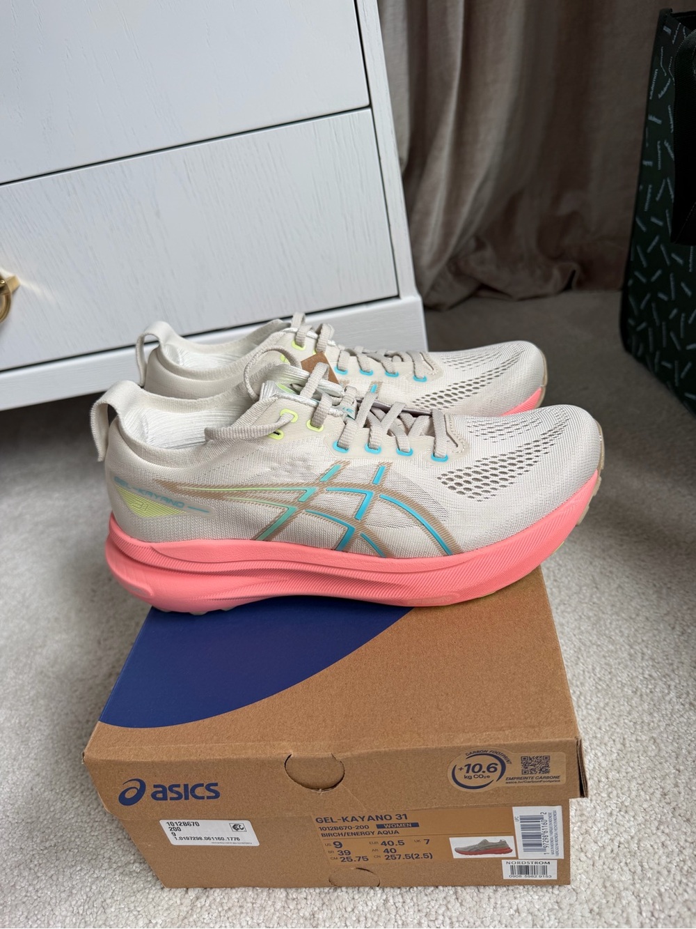Asics Women's Cream Athletic Sneakers with Pink and Teal Accents